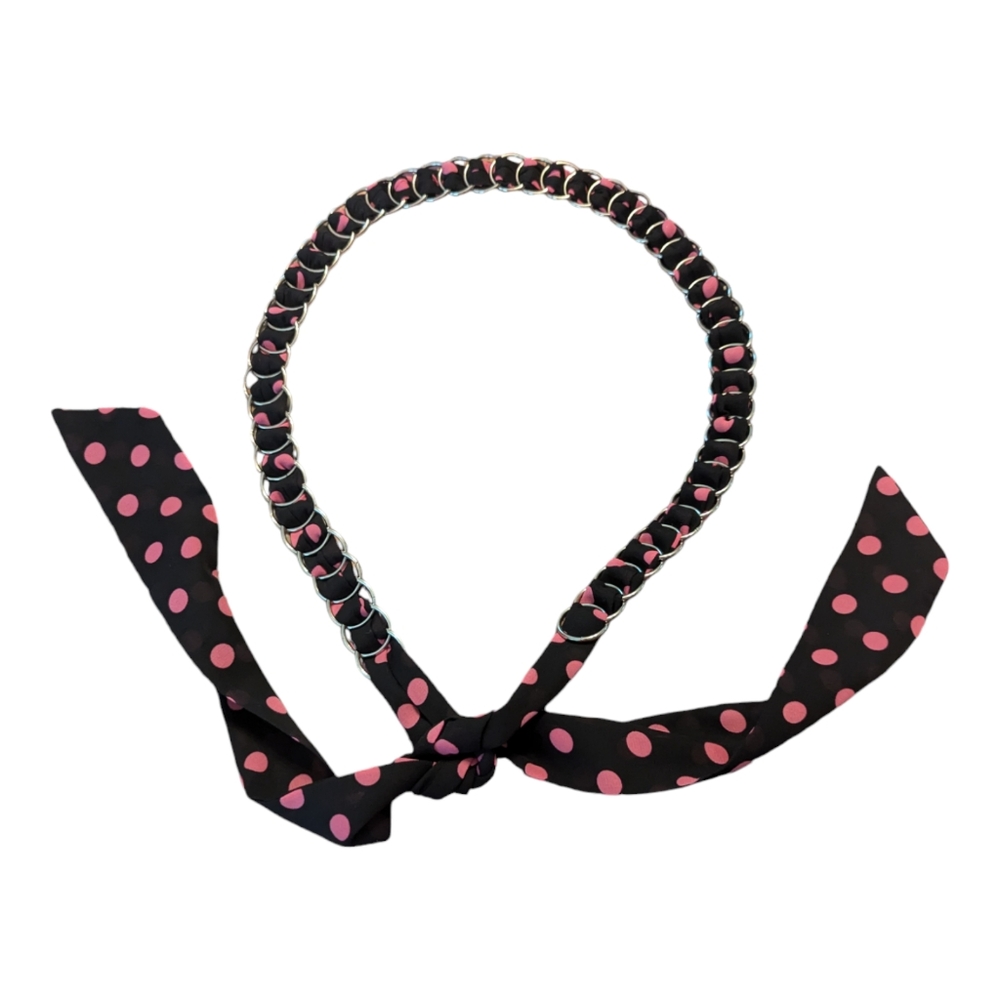 Vintage Retro Black Pink Polka Dot Silver Stainless Steel Loops Belt 33" Plus - Picture 2 of 2